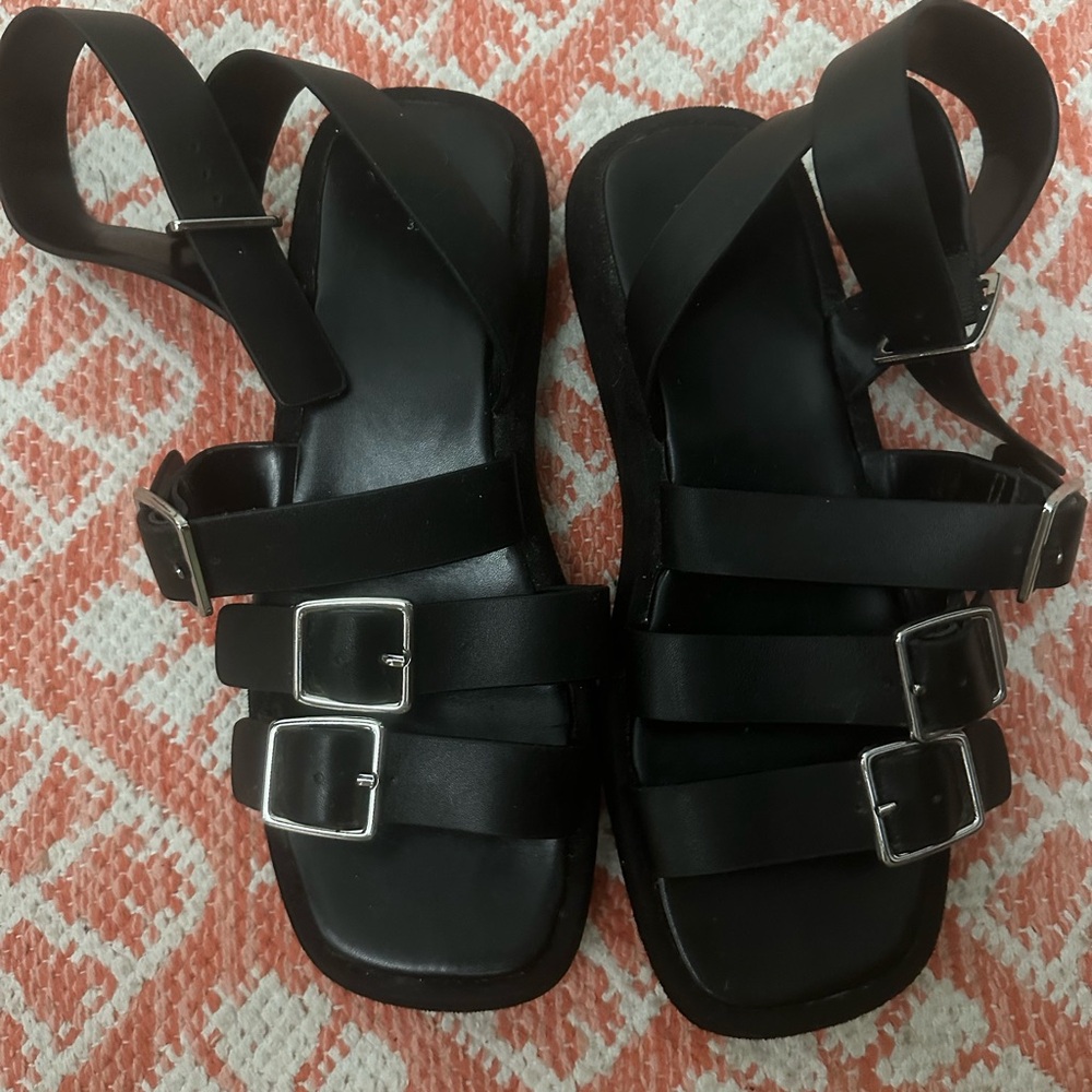 Zara Black Chunky Sandals with Silver Buckles